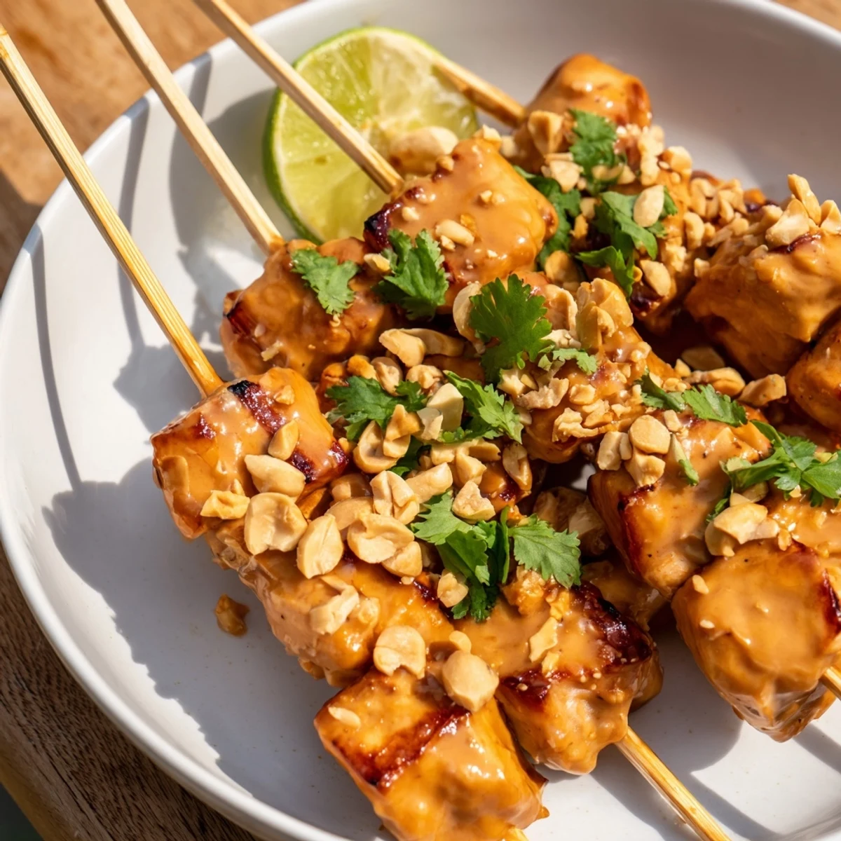 Juicy, marinated Spicy Peanut Satay Chicken Skewers, perfect for a summer cookout with family and friends.