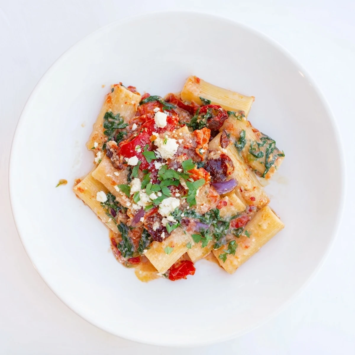 Creamy feta tops the flavorful Mediterranean Baked Garlic & Herb Pasta, a vegetarian delight, perfectly baked.