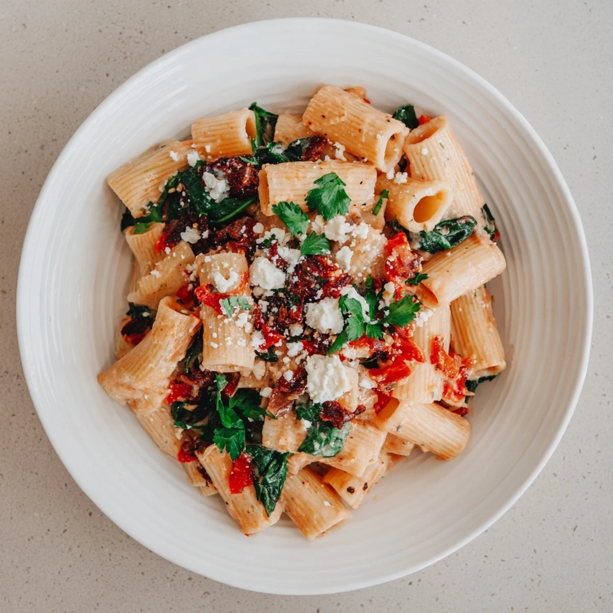 A steaming bowl of Mediterranean Baked Garlic & Herb Pasta, with vibrant herbs and sun-dried tomatoes, smells divine.