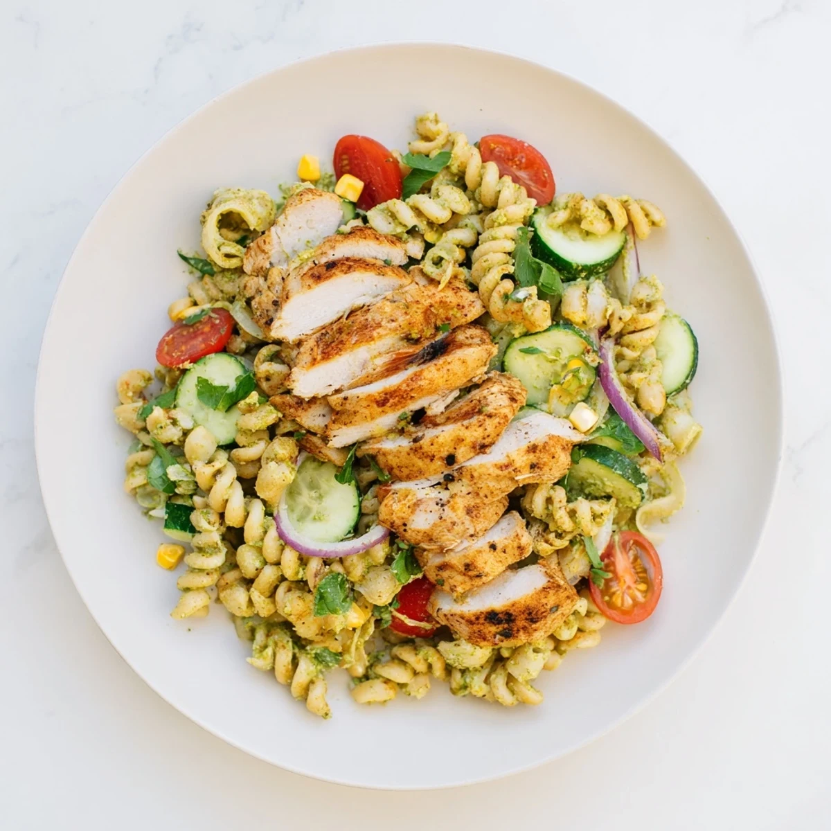 Peruvian Aji Verde Chicken Pasta Salad with colorful vegetables and creamy, bright sauce makes dinner easy.
