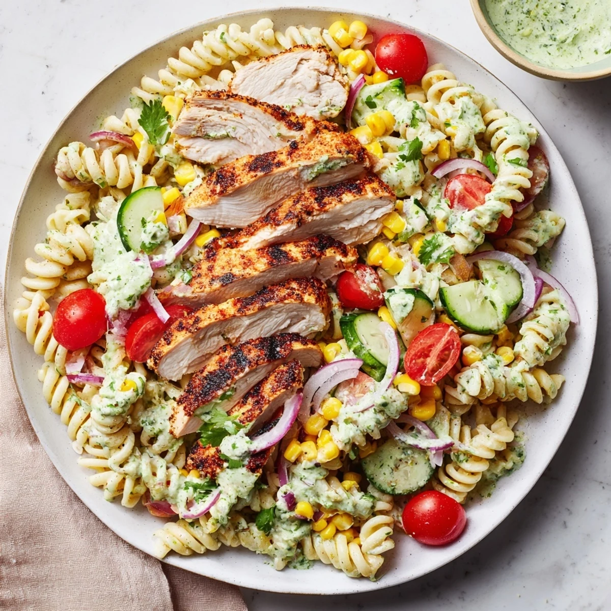 Enjoy a large bowl of Peruvian Aji Verde Chicken Pasta Salad: pasta, chicken, and a vibrant green sauce.