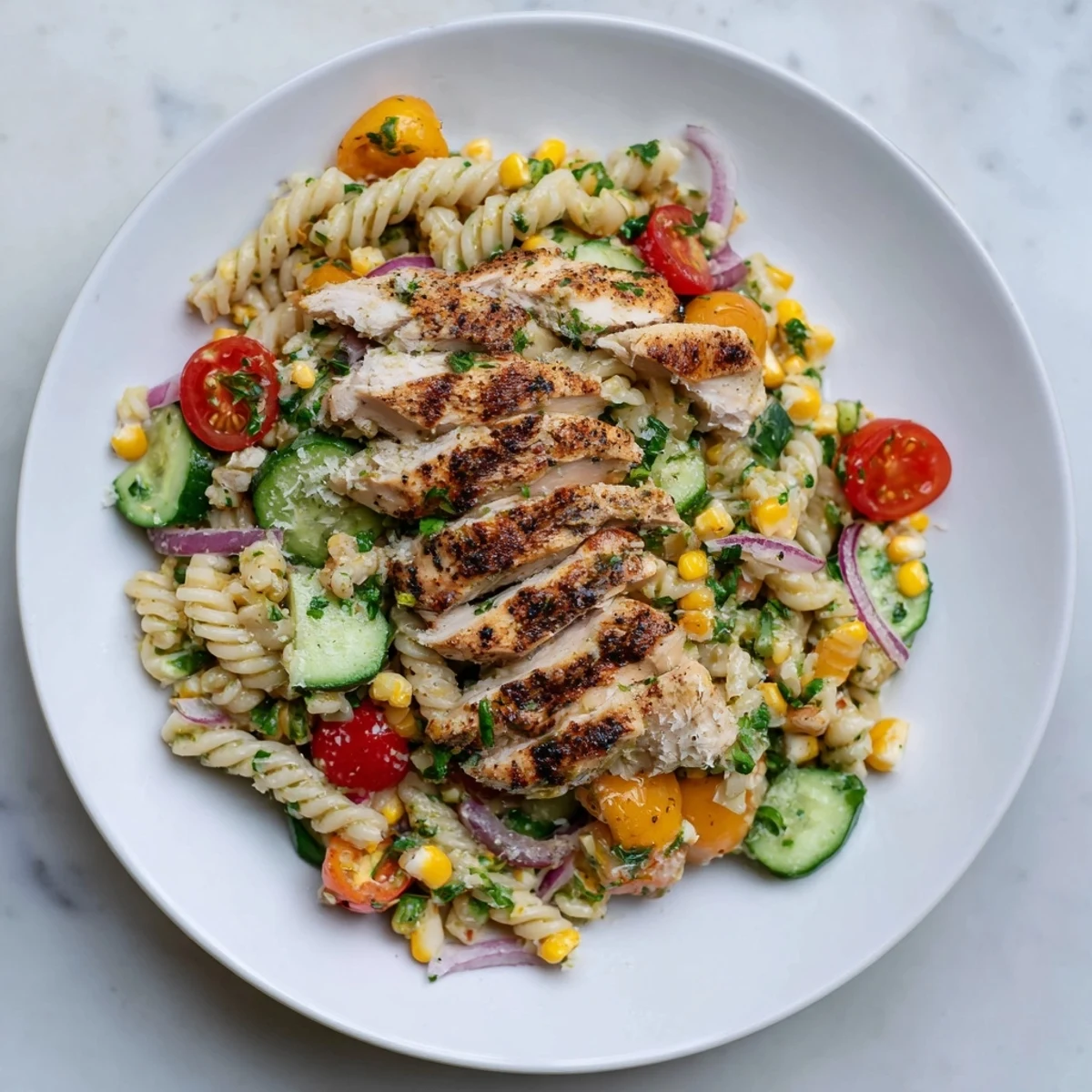 A close-up view displays the fresh Peruvian Aji Verde Chicken Pasta Salad, perfect for a flavorful lunch.