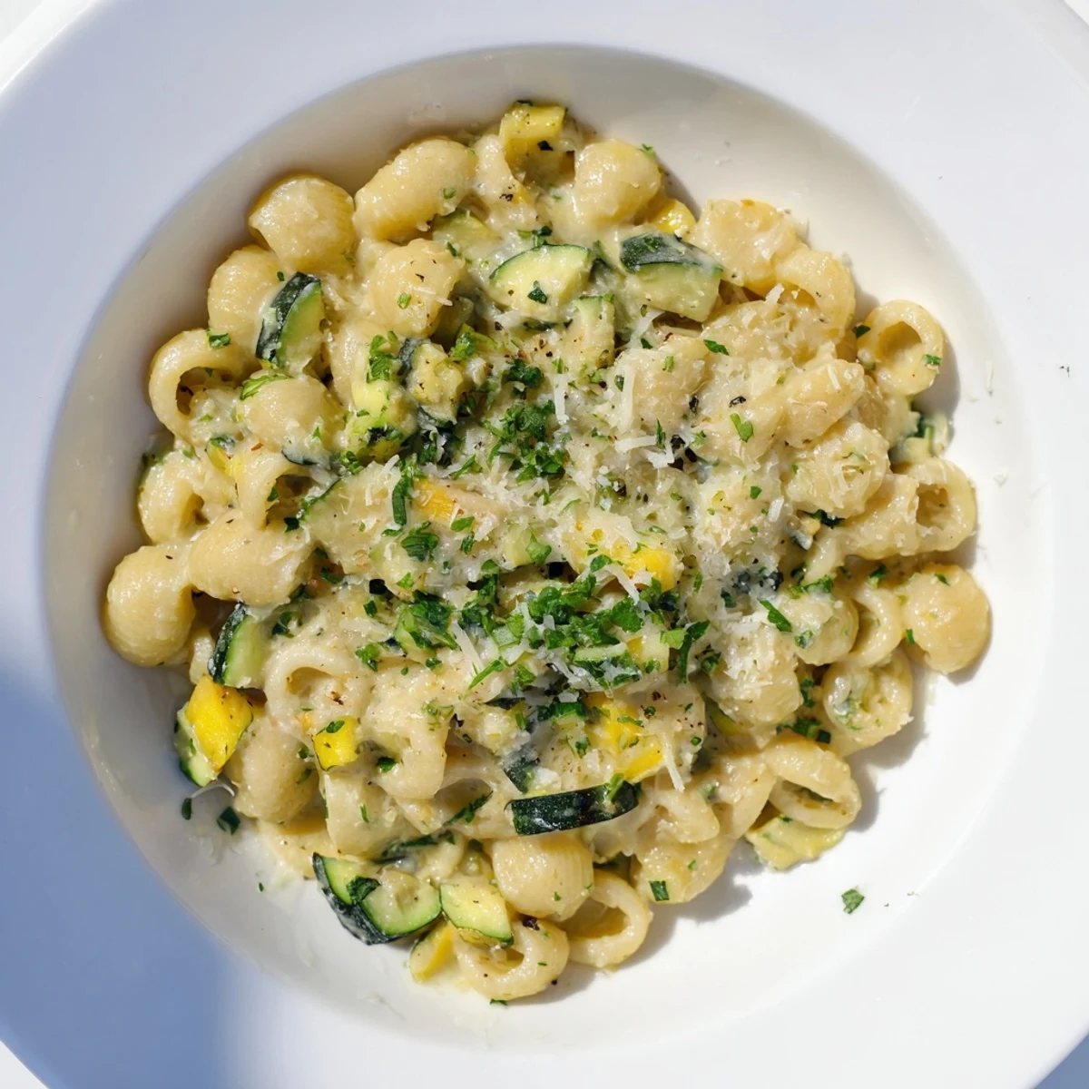 One-Pot Creamy Zucchini Ditalini: a warm bowl of pasta with tender zucchini and Parmesan cheese.