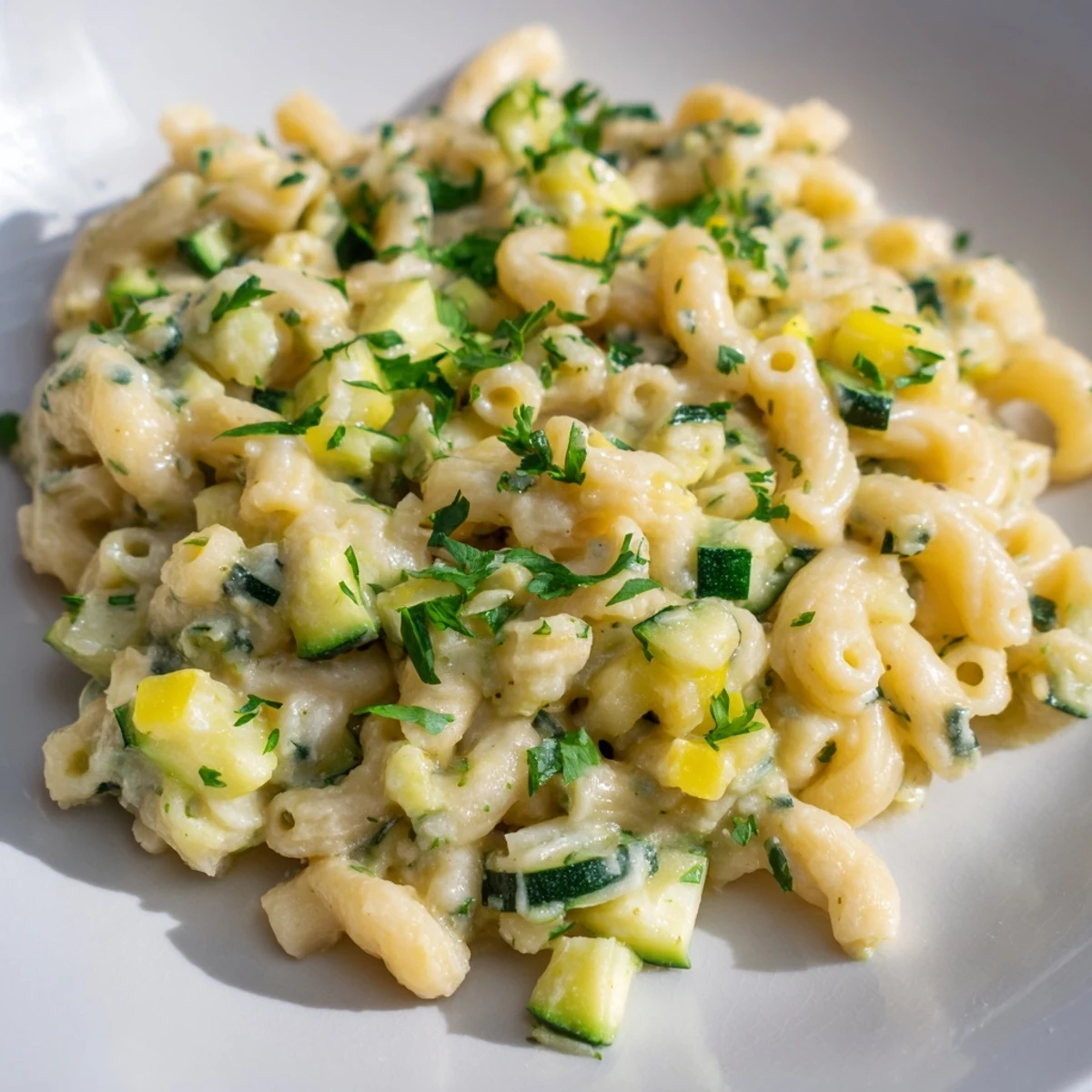 This One-Pot Creamy Zucchini Ditalini recipe features creamy pasta and vibrant green zucchini pieces.