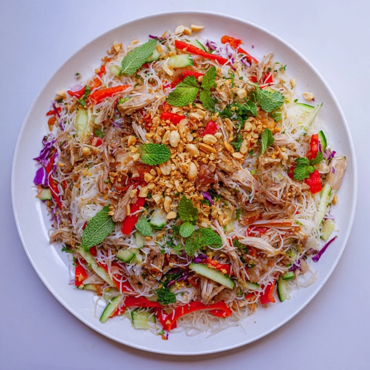 A colorful bowl of Vietnamese Crunch Noodle Salad with shredded chicken, ready to eat.