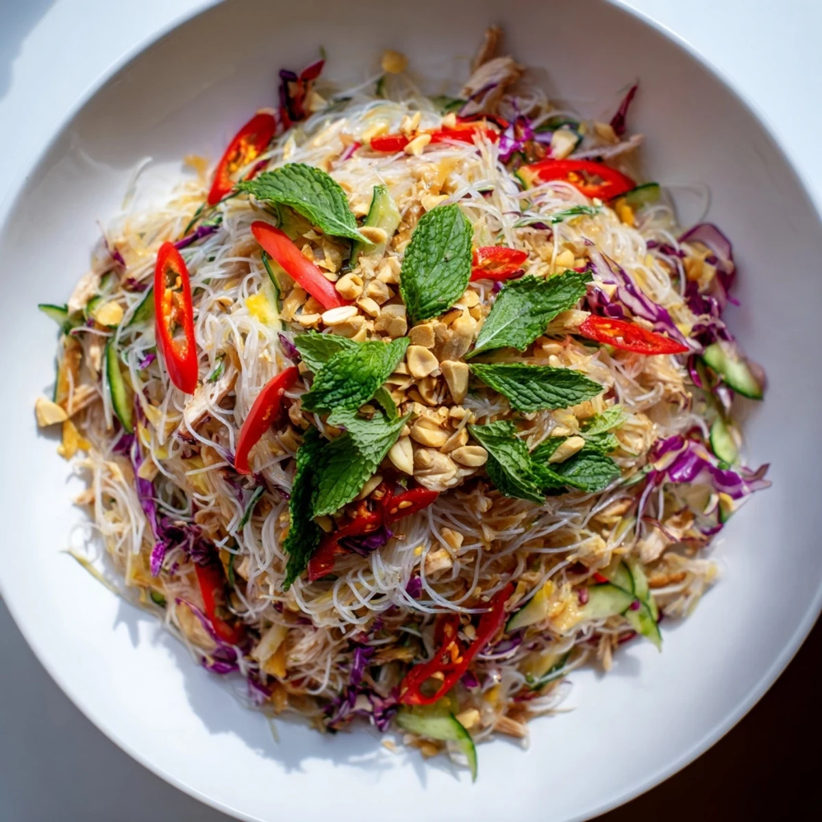 Freshly assembled Vietnamese Crunch Noodle Salad; vibrant with chicken, vegetables, and dressing.