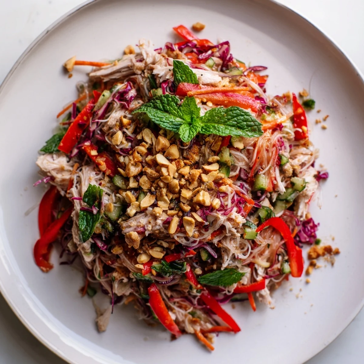 Close-up of Vietnamese Crunch Noodle Salad with crunchy toppings, ready for a delicious bite.