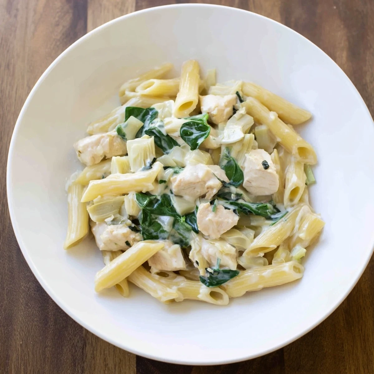 Creamy Spinach Artichoke Protein Pasta Skillet: A delicious one-pan meal with creamy sauce and pasta.
