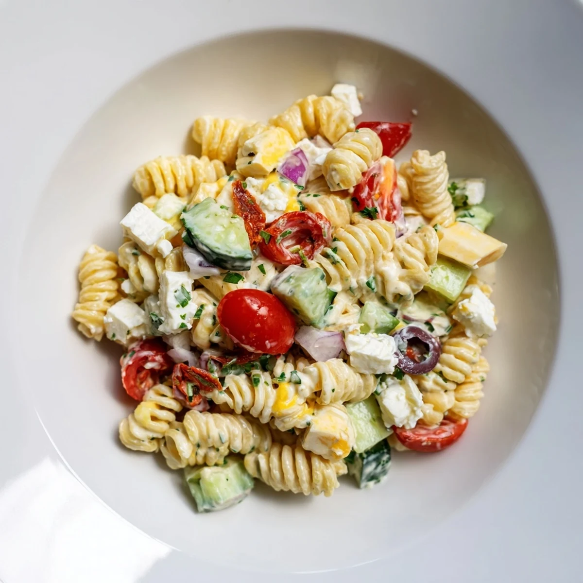 Close-up of a festive Greek Yogurt Million Dollar Christmas Pasta Salad, loaded with fresh veggies.