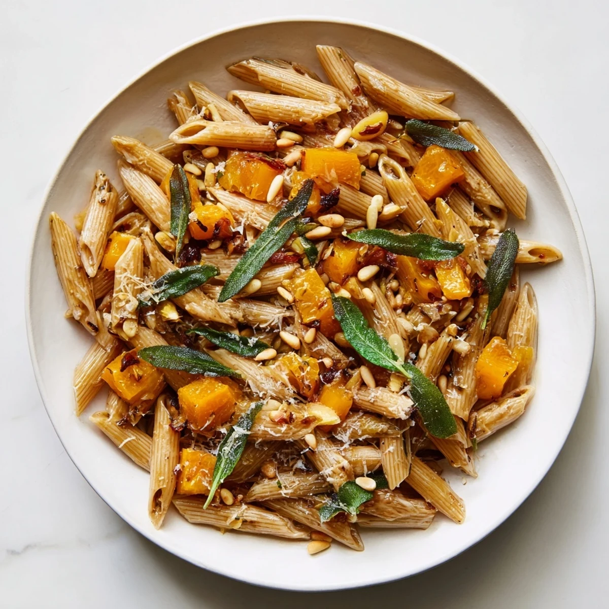 Golden-brown Butternut Squash & Sage Brown Butter Pasta, tossed with whole wheat pasta and Parmesan.