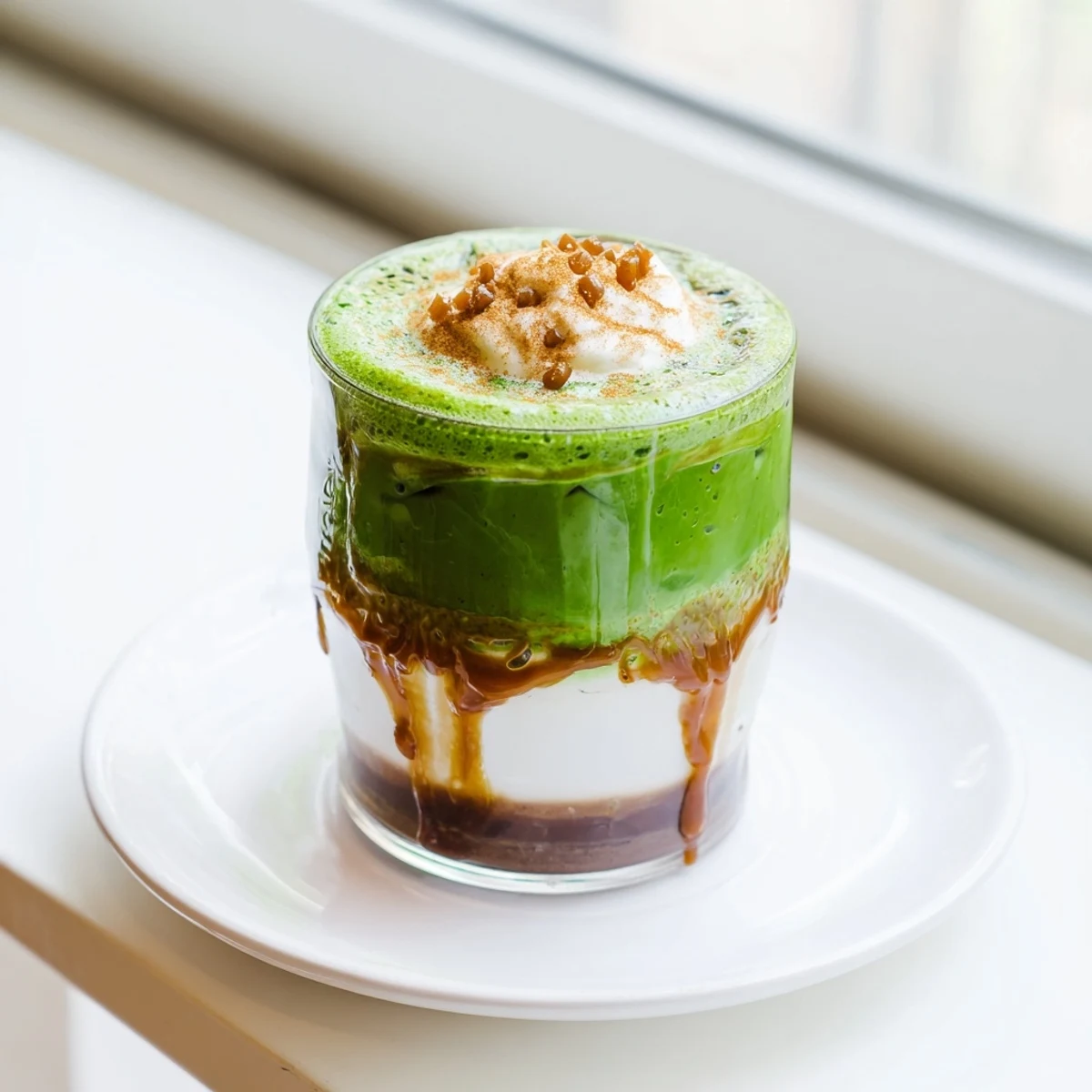Silky matcha and robust coffee swirl in this Caramel Brulée Iced Matcha Christmas Coffee Dupe.