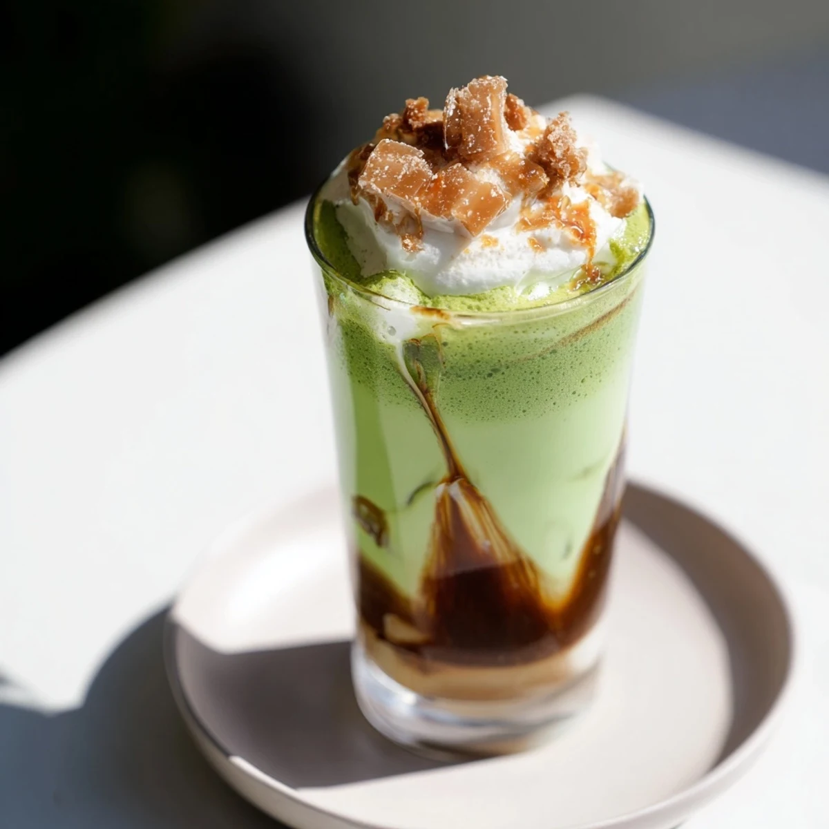 Golden-hued Caramel Brulée Iced Matcha Christmas Coffee Dupe, a layered festive holiday beverage.