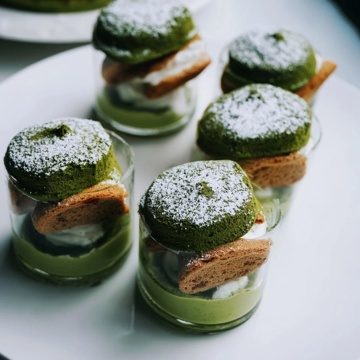 A close-up shot of Matcha Mascarpone Tiramisu Snow Cups, dusted with matcha and powdered sugar.