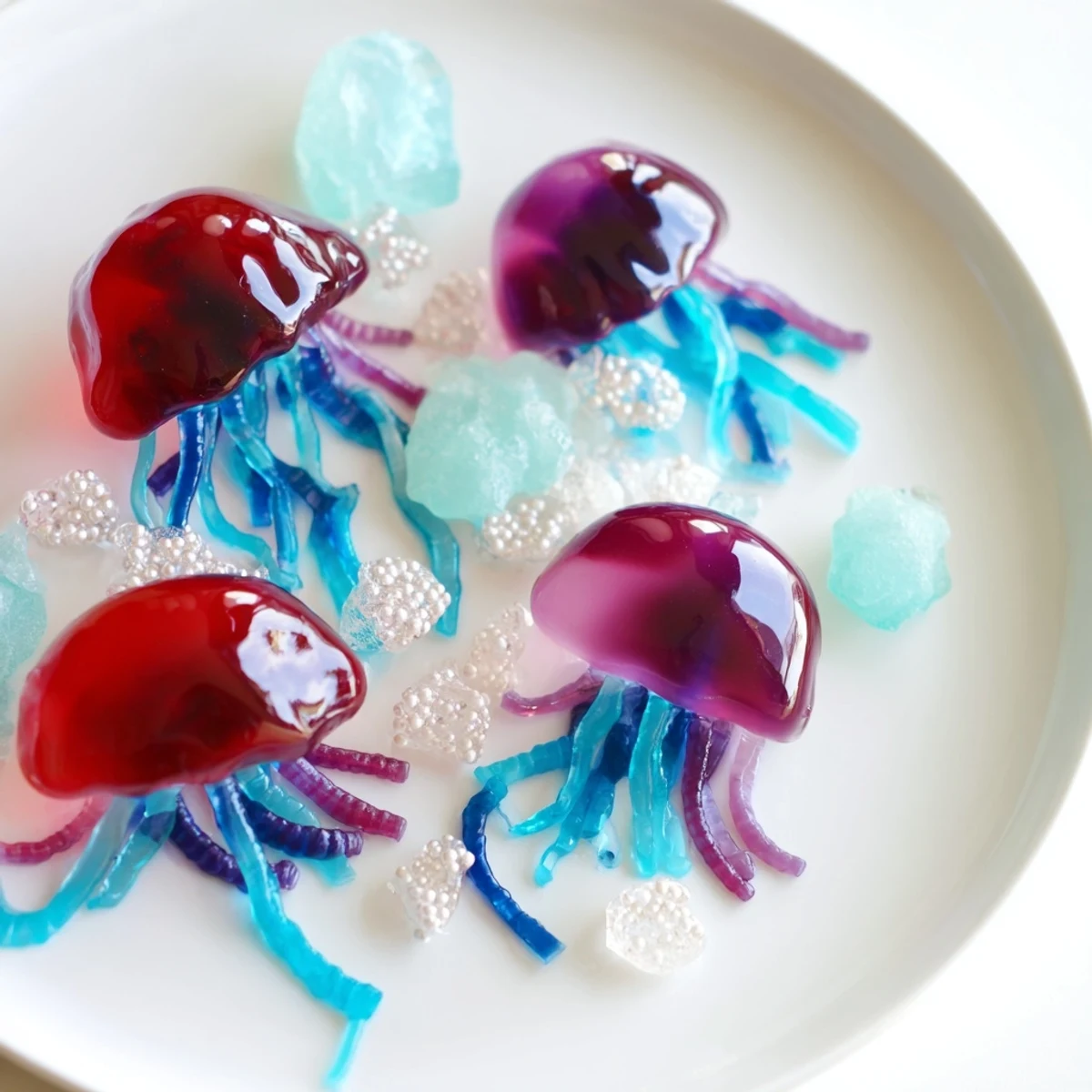 Brightly colored Jellyfish Candy Platter, brimming with whimsical shapes, ready to serve as a festive dessert.
