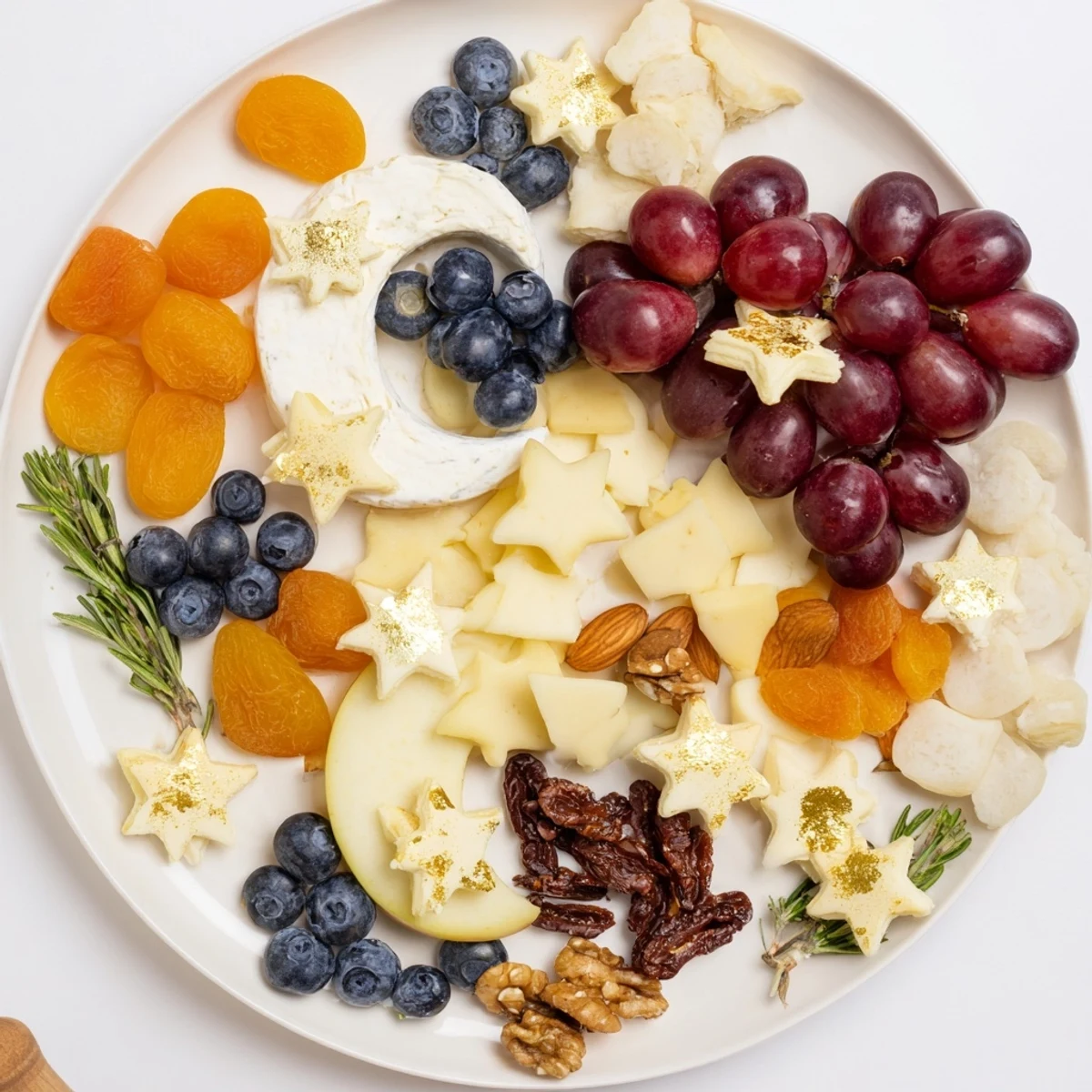 Moon & Stars Night Board with cheeses and fruits arranged beautifully for an inspired party idea.