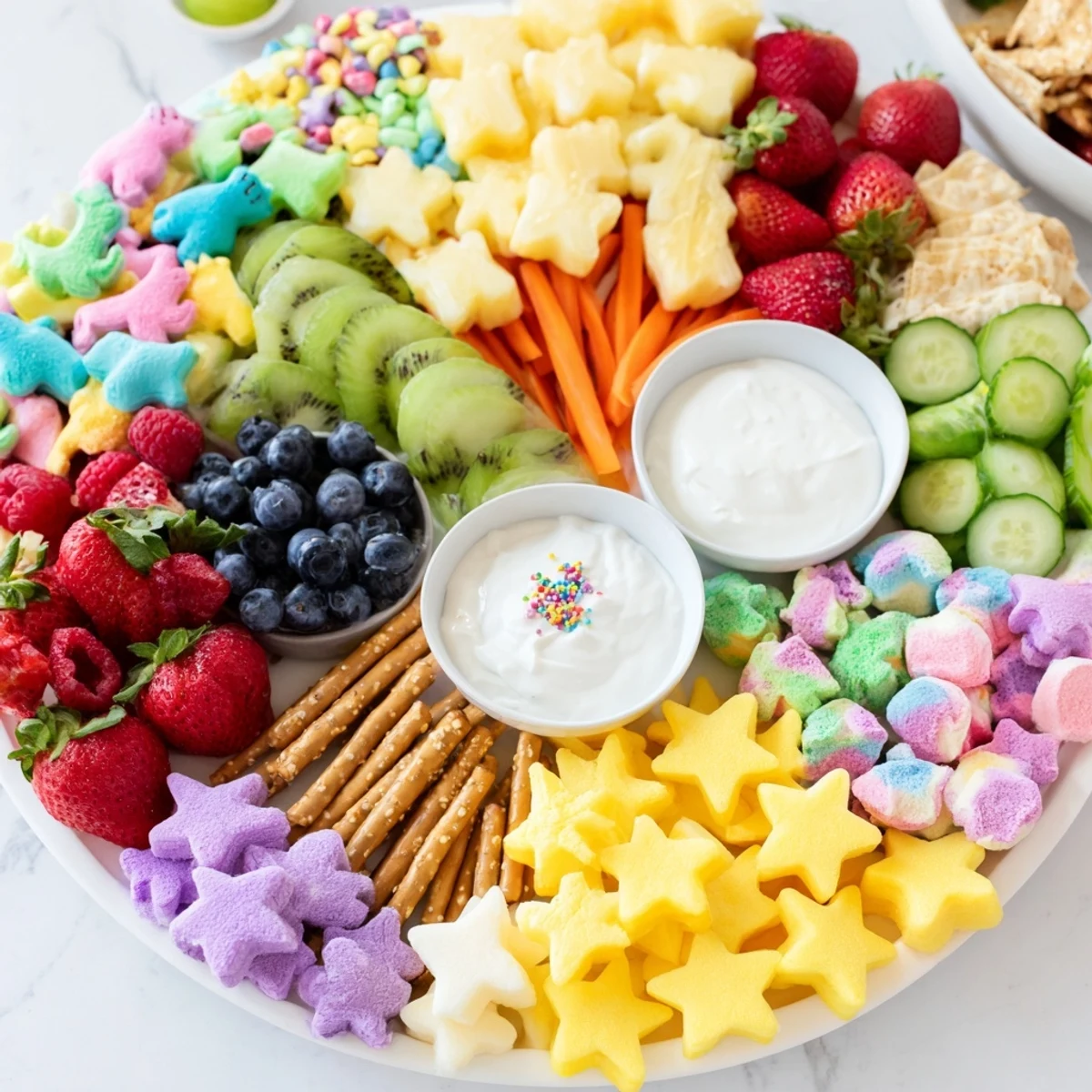 Vibrant Unicorn Party Platter: a feast of colorful fruits, veggies, and magical treats arranged beautifully on display.