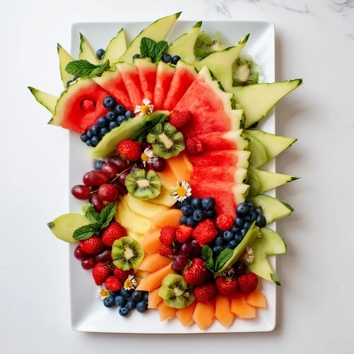 This festive Dragon-Shaped Fruit Tray showcases sweet melon and berries, a beautiful and healthy appetizer.