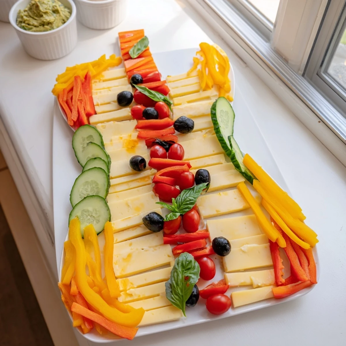 Imagine a festive Rock Star Guitar Snack Platter: savory crackers, cheese, and fresh vegetable arrangements.