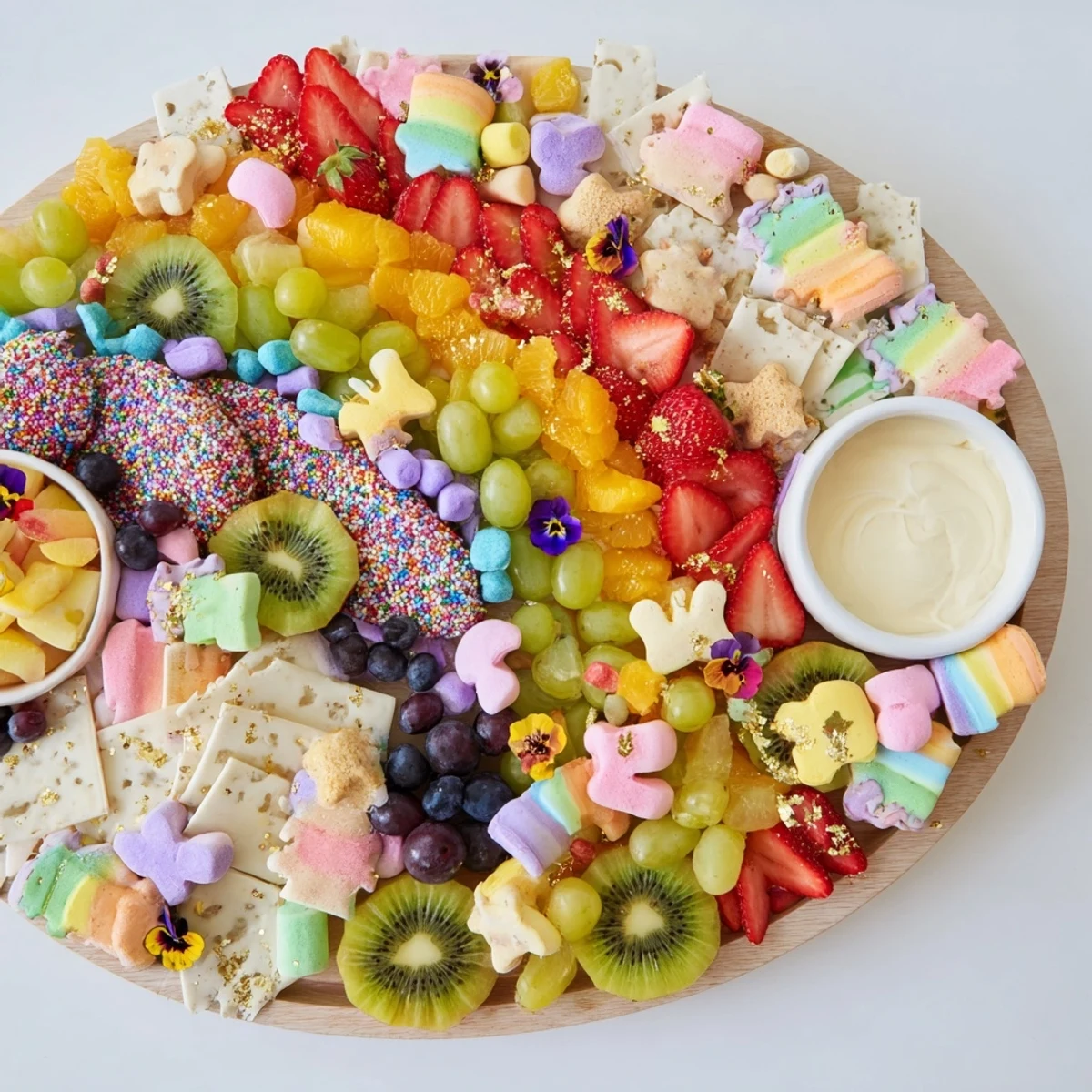 Vibrant Magical Unicorn Rainbow Dessert Board, featuring colorful fruits, candies, and creamy dips for festive enjoyment.