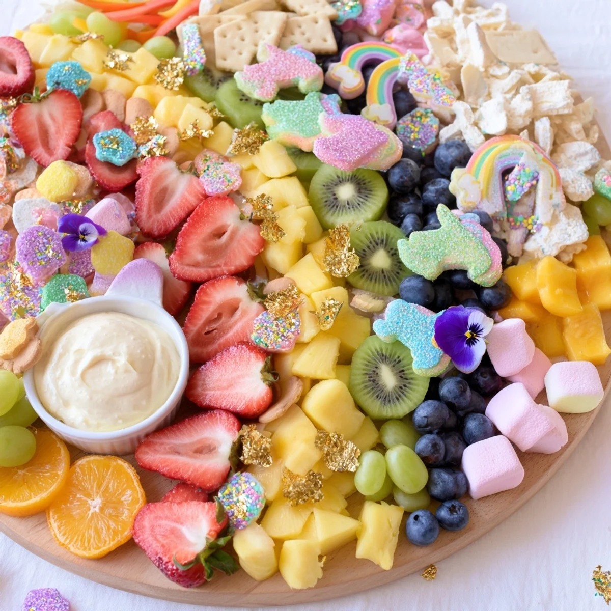 Enjoy a visually stunning Magical Unicorn Rainbow Dessert Board with fresh fruit, sweet marshmallows, and delightful treats.