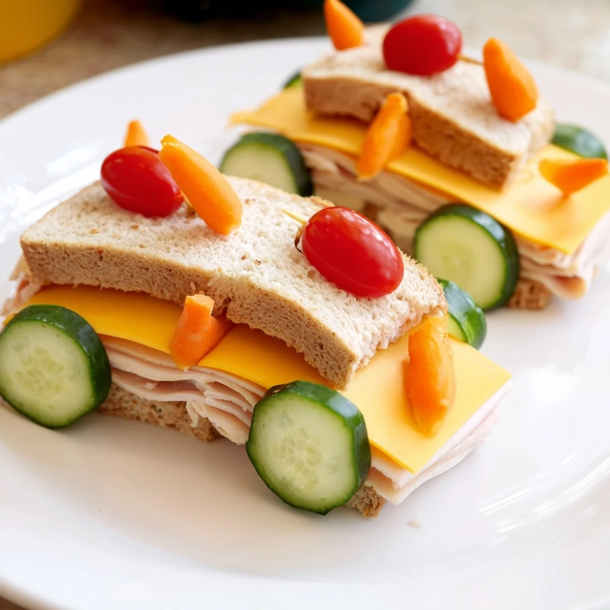 Road trip ready car-shaped lunch: a whimsical sandwich car brimming with cheddar and fresh vegetable "wheels."