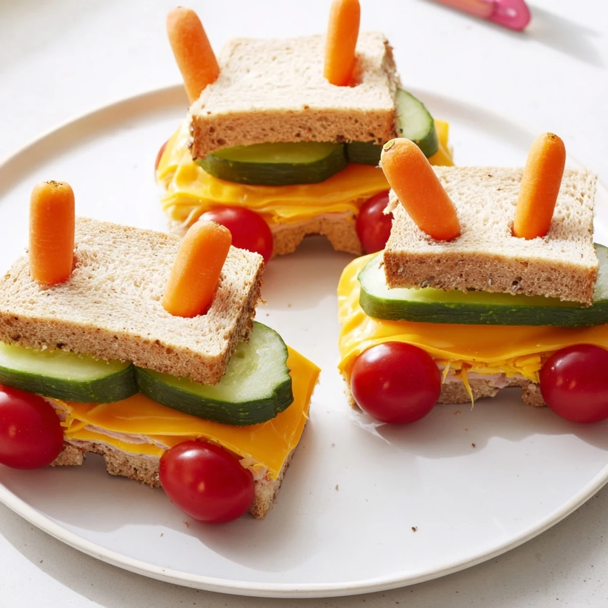 Brightly-colored car-shaped lunch, packed with sandwiches and snacks, ready for a road trip adventure.