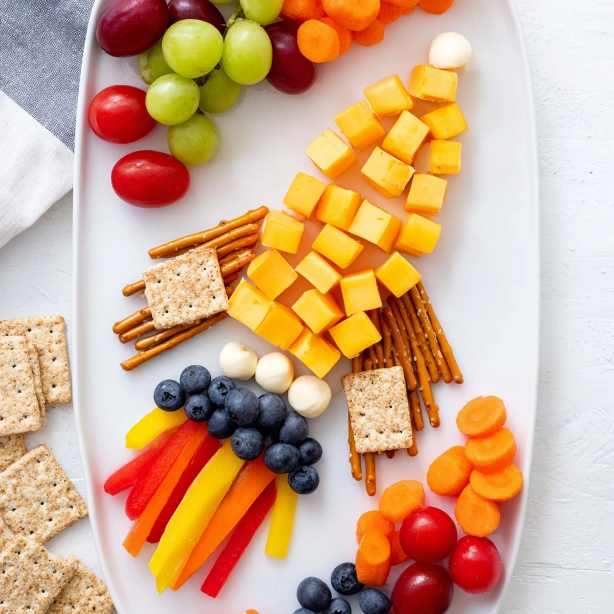 Blast Off Spaceship Snack Board with colorful veggies and grapes, a fun kid-friendly treat.