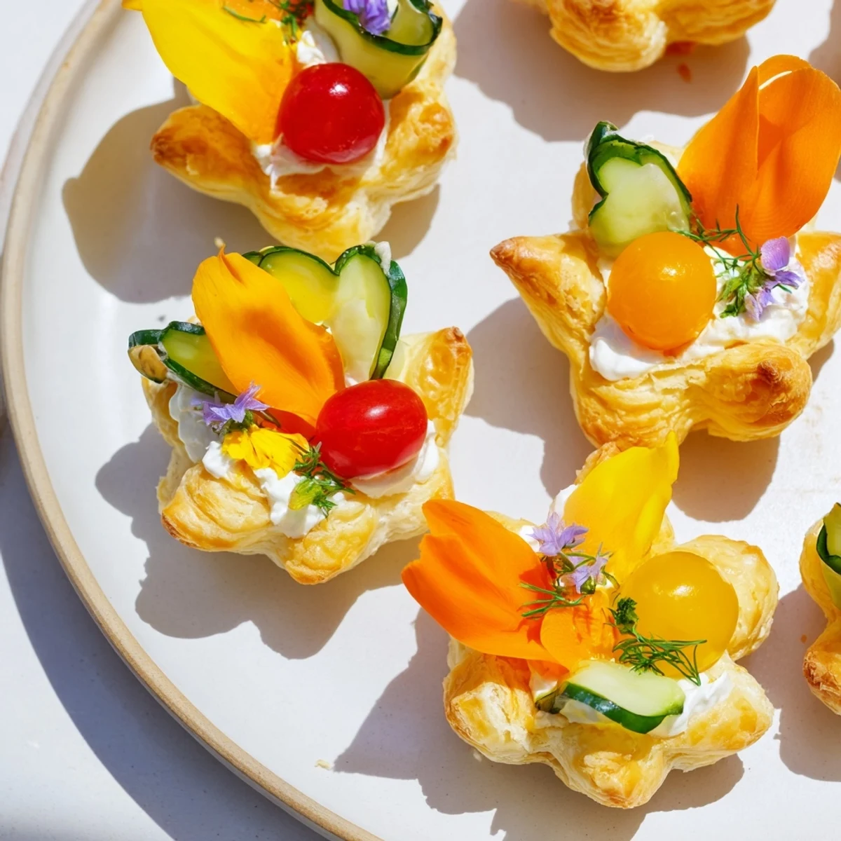 Delicate Fairy Garden Flower Shaped Snacks, arranged with colorful vegetable artistry for a party.