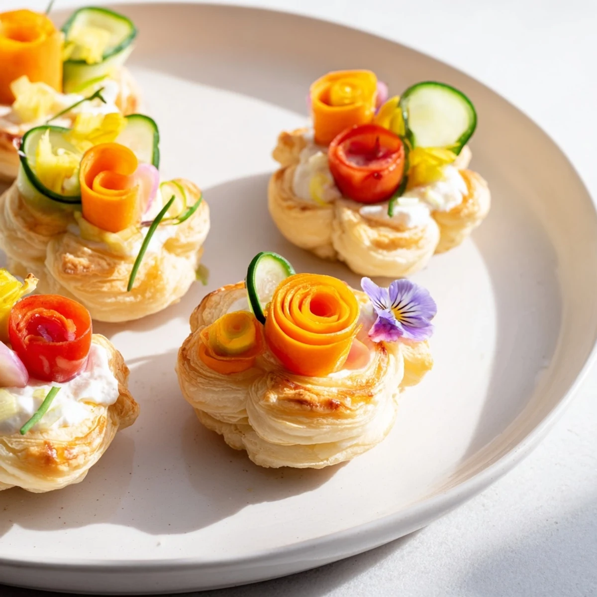 Fairy Garden Flower Shaped Snacks with vibrant vegetable petals and cream cheese filling.