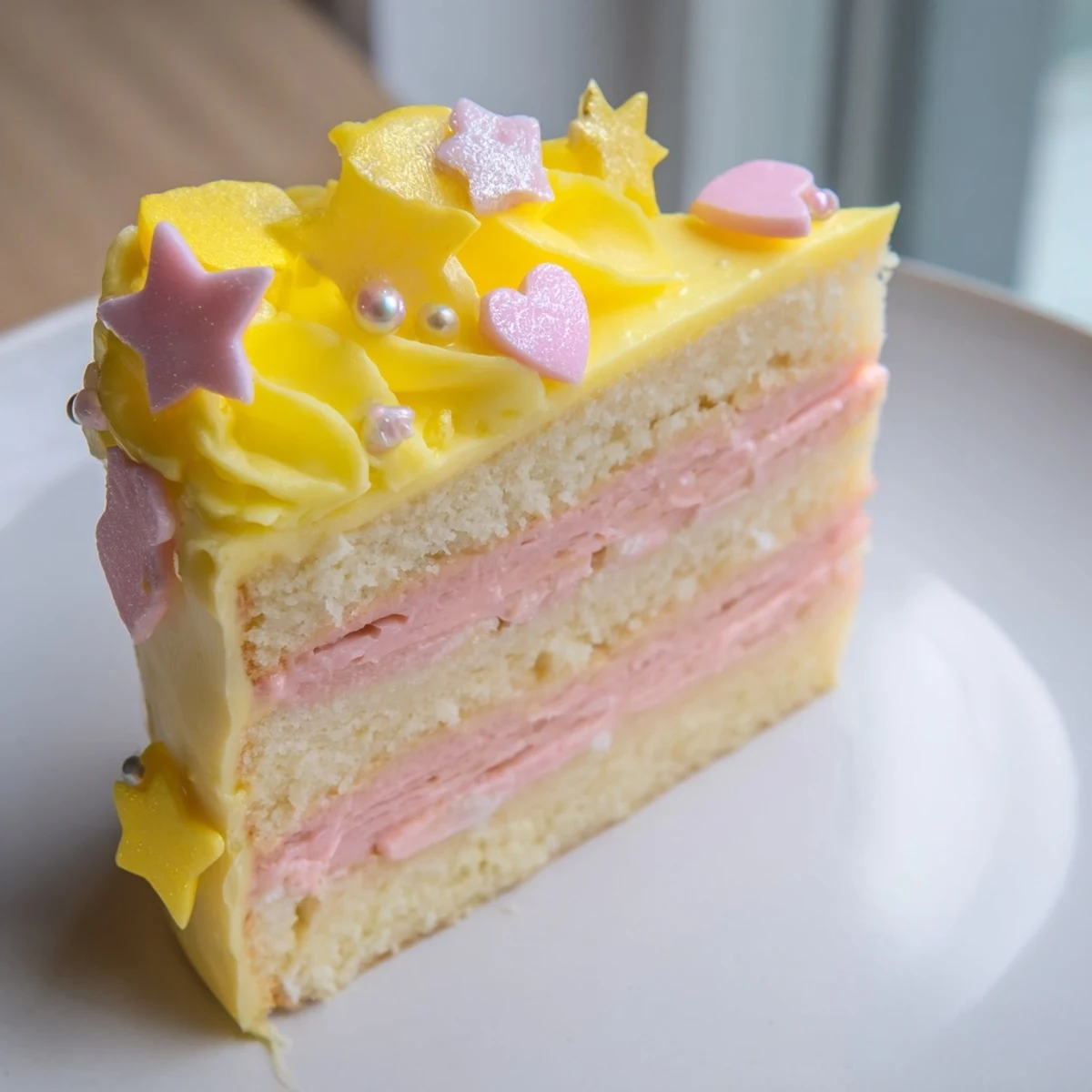 Château de Princesse Cœurs et Étoiles cake, layered and frosted, ready for a special celebration with heart and star sprinkles.