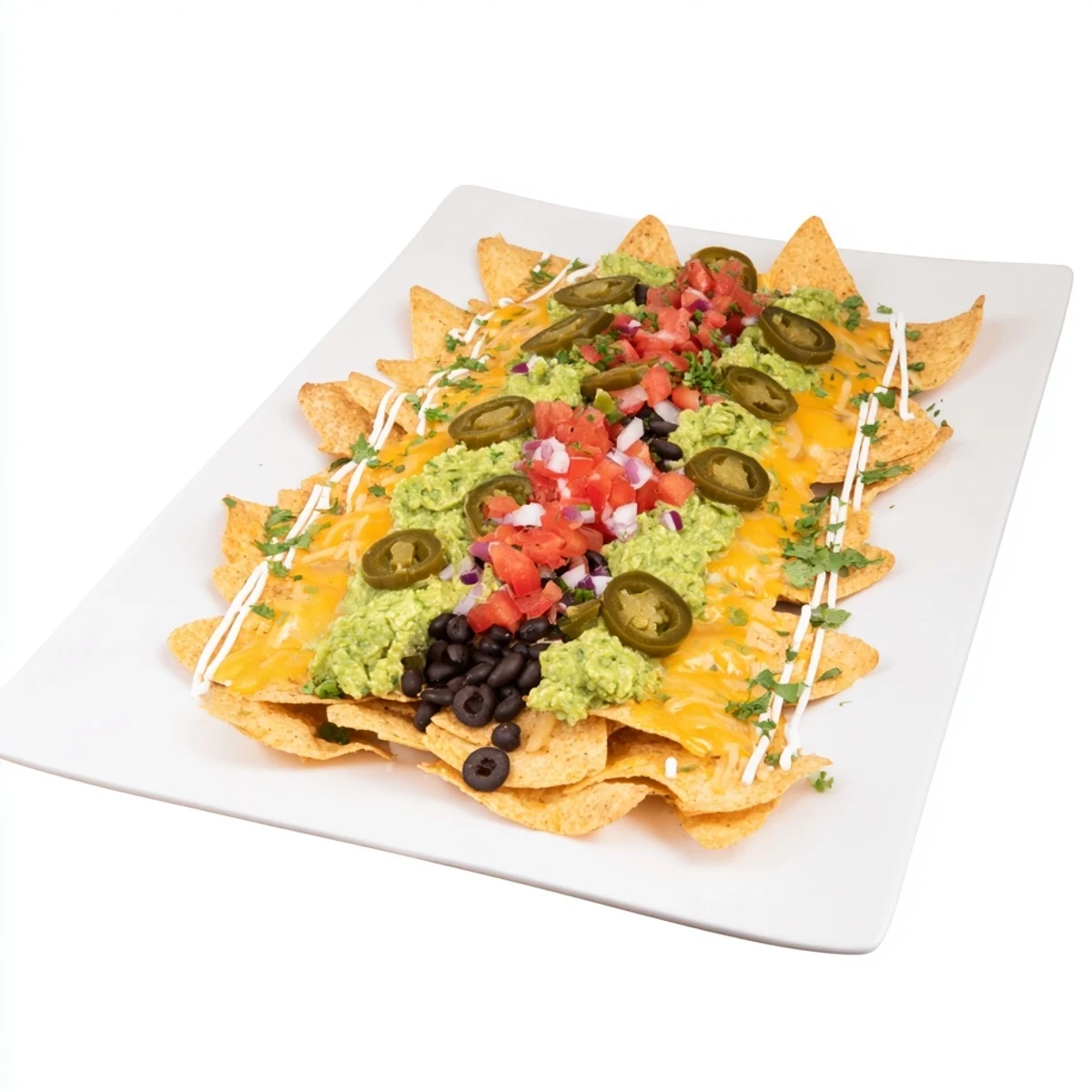 A sizzling Football Field Nacho Platter topped with melted cheese, perfect for sharing and celebration.
