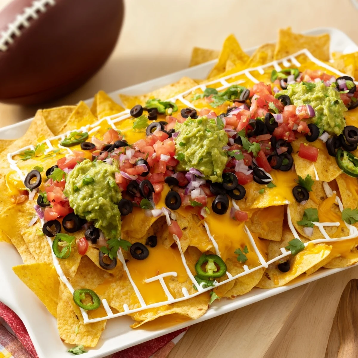 Bright green guacamole and sour cream yard lines decorate this festive Football Field Nacho Platter.