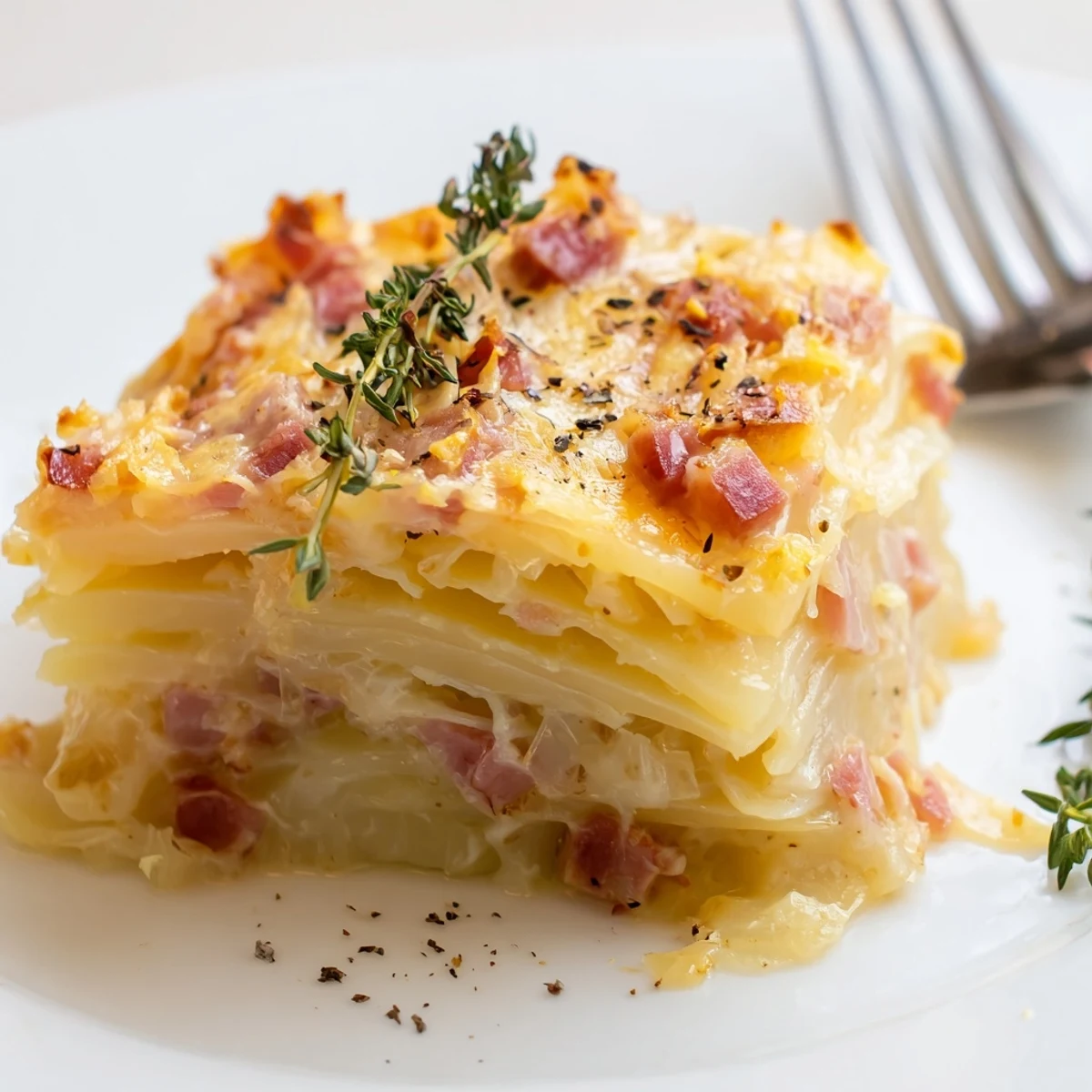 Cheesy, layered Plateau Moufle Chaud et Confortable featuring potatoes, ham, and Gruyère, ready for a cozy dinner.