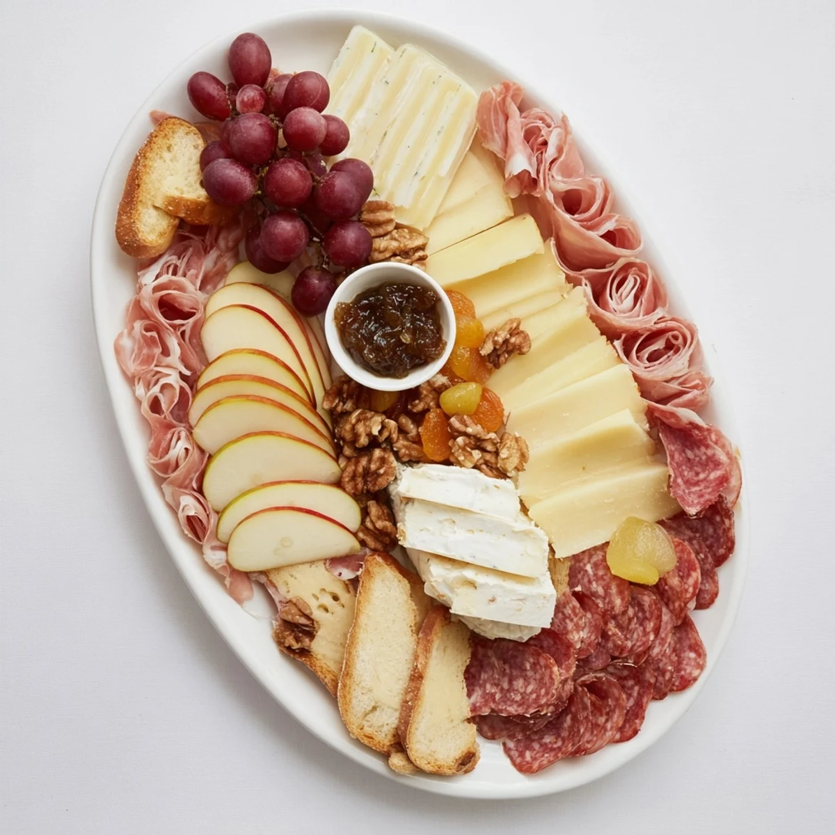 Rugby ball cheese board overflowing with French cheeses, fresh fruit, and charcuterie for a delicious spread.