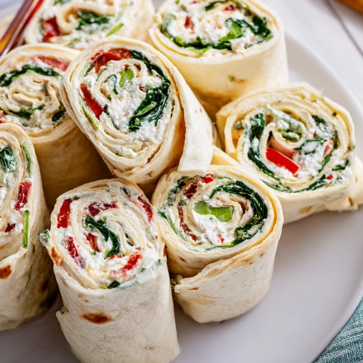 Colorful Christmas Scarf Tortilla Roll-Ups show a festive appetizer with red pepper and spinach filling.