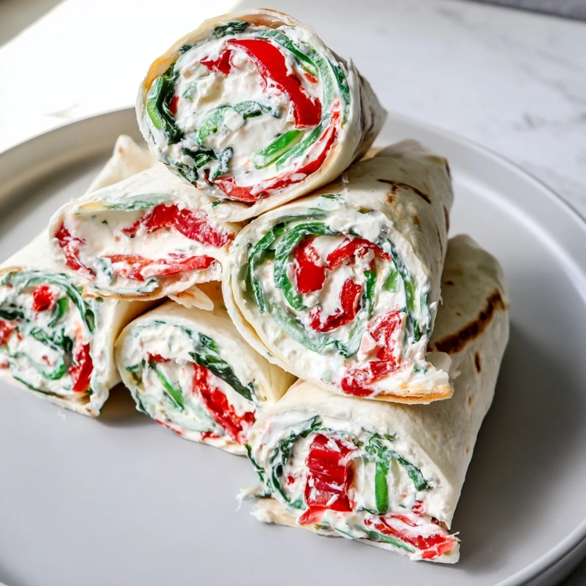 Get ready for creamy and flavorful Christmas Scarf Tortilla Roll-Ups, chilled and neatly sliced for serving.