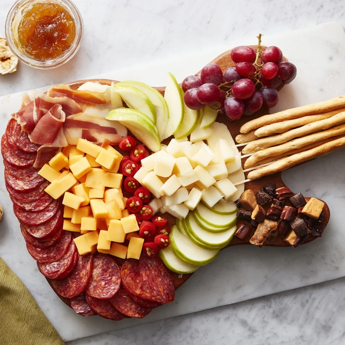Rock Star Guitar Platter arranged beautifully on a platter, showcasing rich cheeses and meats.