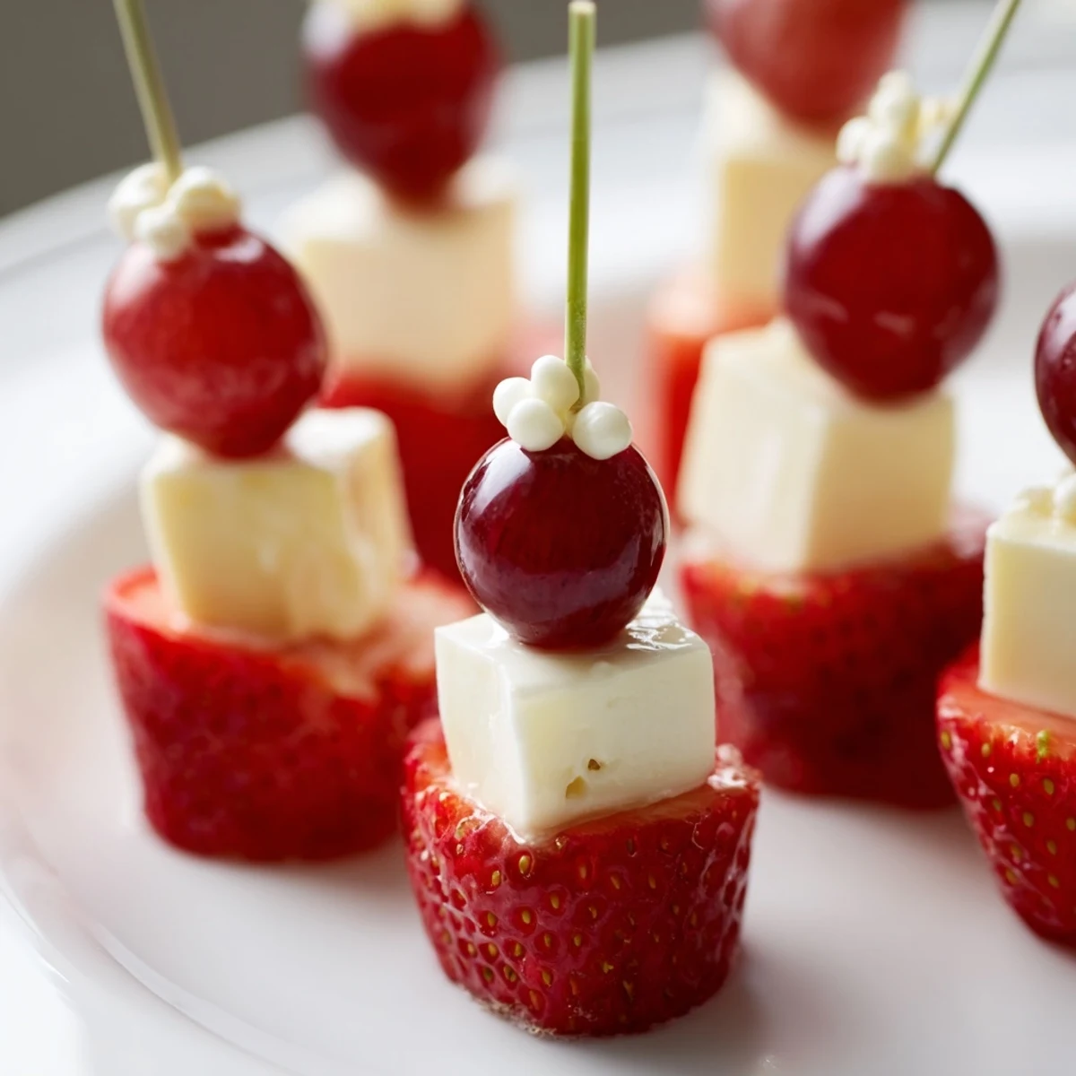 Vibrant Santa Hat Fruit and Cheese Platter with red strawberries, grapes, and creamy mozzarella.