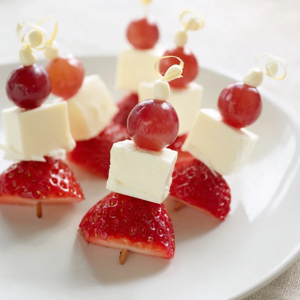 Party-ready Santa Hat Fruit and Cheese Platter shows colorful fruit arranged like festive hats; a tasty appetizer.