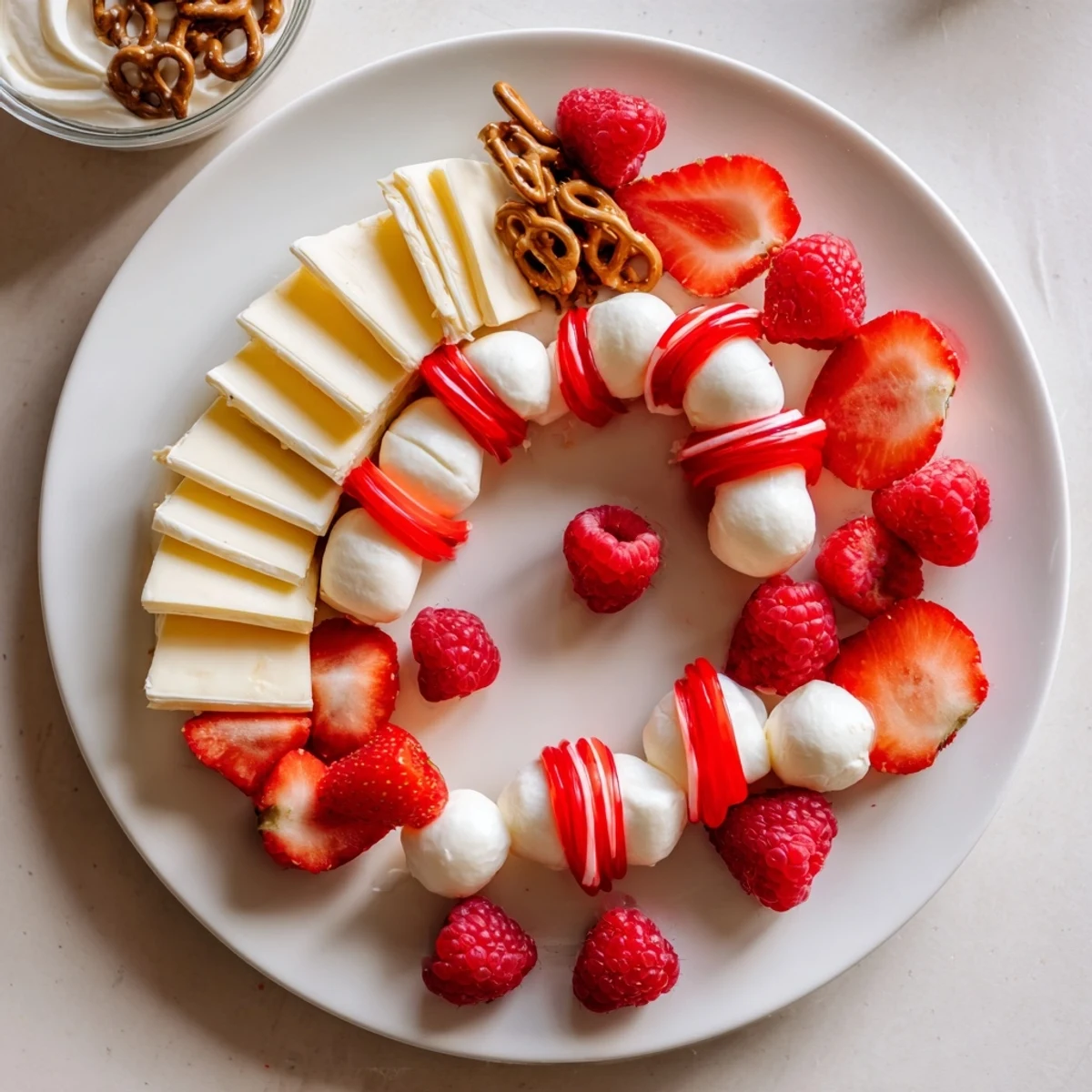 Festive Red and White Candy Cane Snack Board, a delightful holiday appetizer with fresh, colorful ingredients.