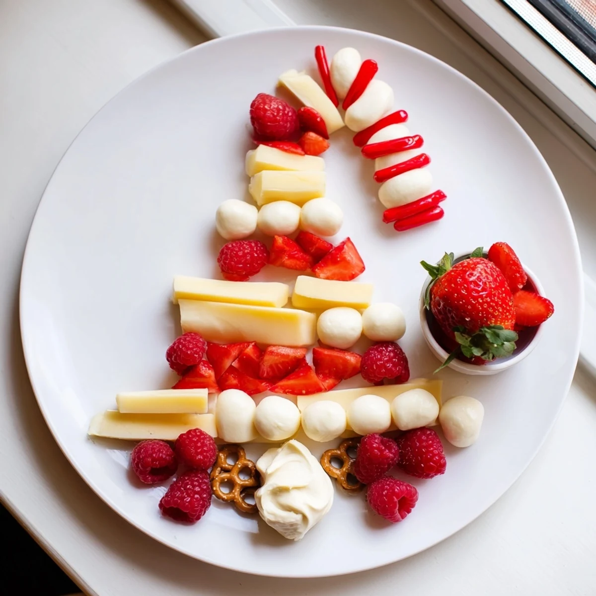 Vibrant Festive Red and White Candy Cane Snack Board arranged with berries, cheeses, and sweet treats ready to serve.
