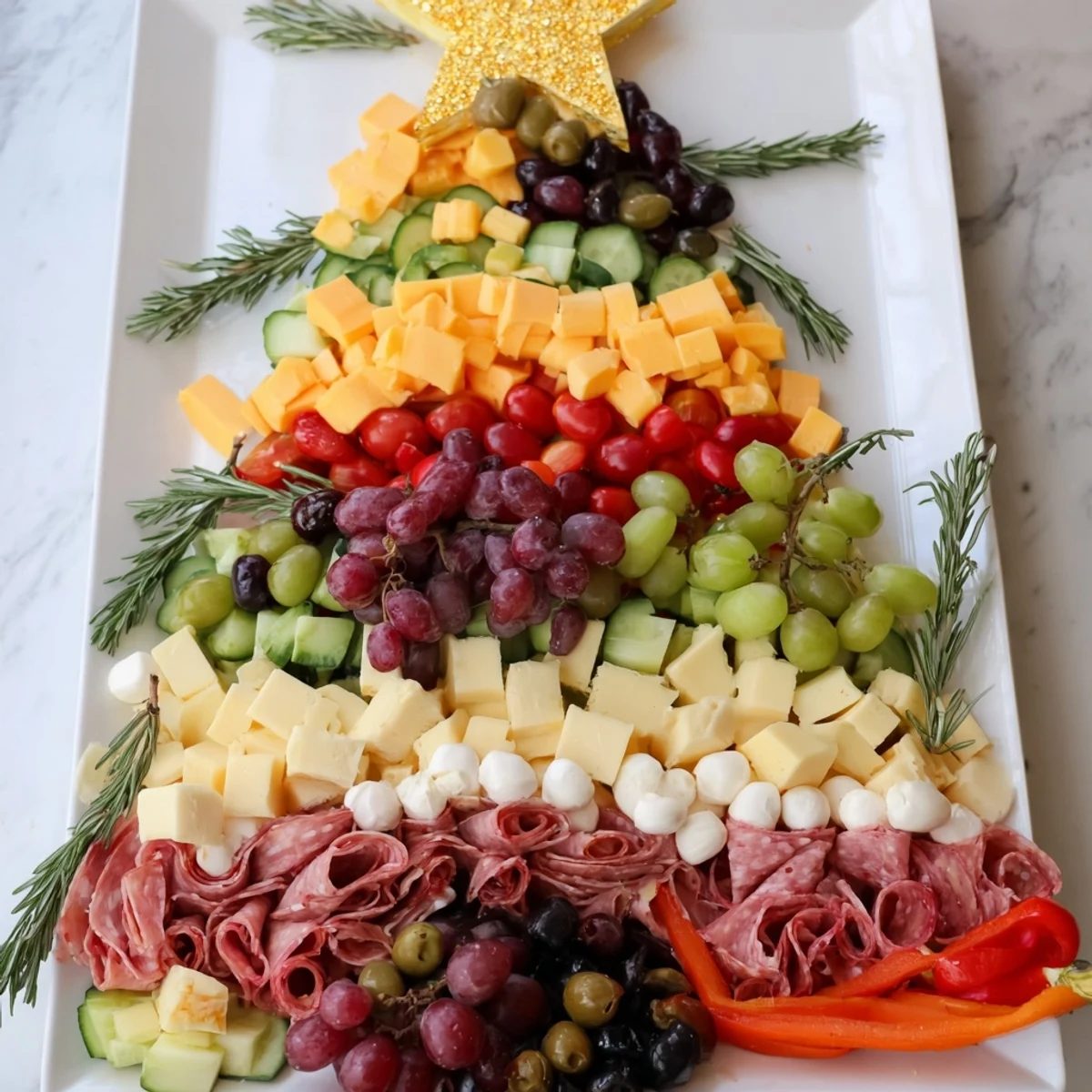 Christmas Tree Charcuterie Board brimming with meats, cheeses, and festive garnishes for holiday appetizers.