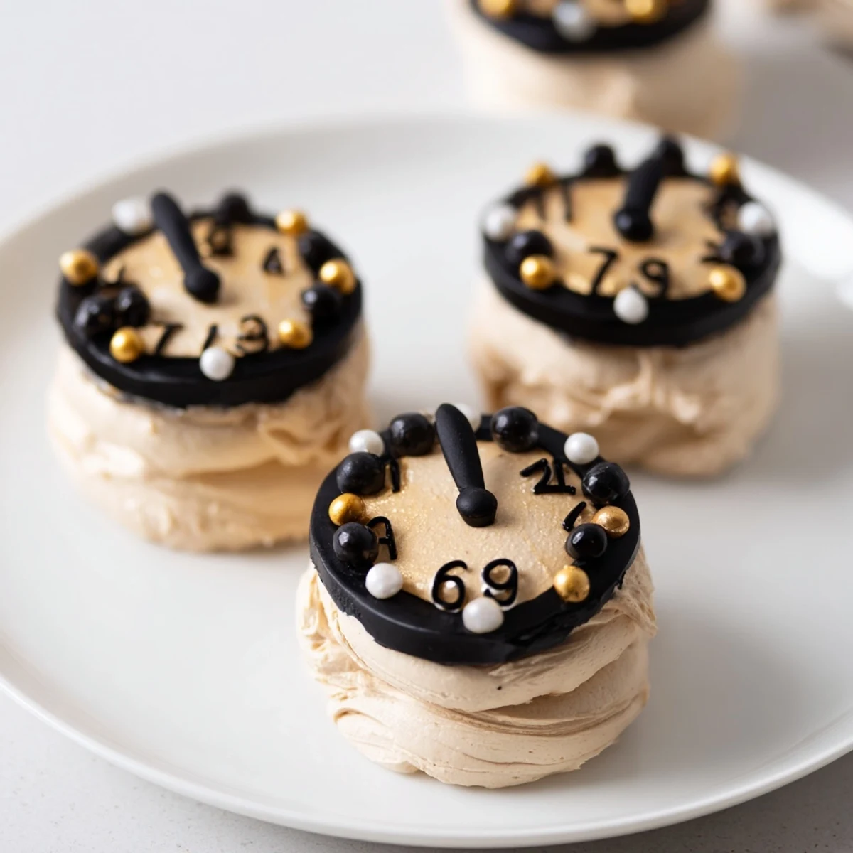 Festive Countdown Clock Mini Desserts, frosted with black and gold, ready to celebrate a special occasion.