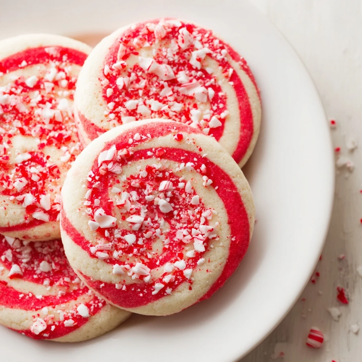 Festive Candy Cane Swirl Cookie platter, swirled reds and whites with crushed candy cane topping.