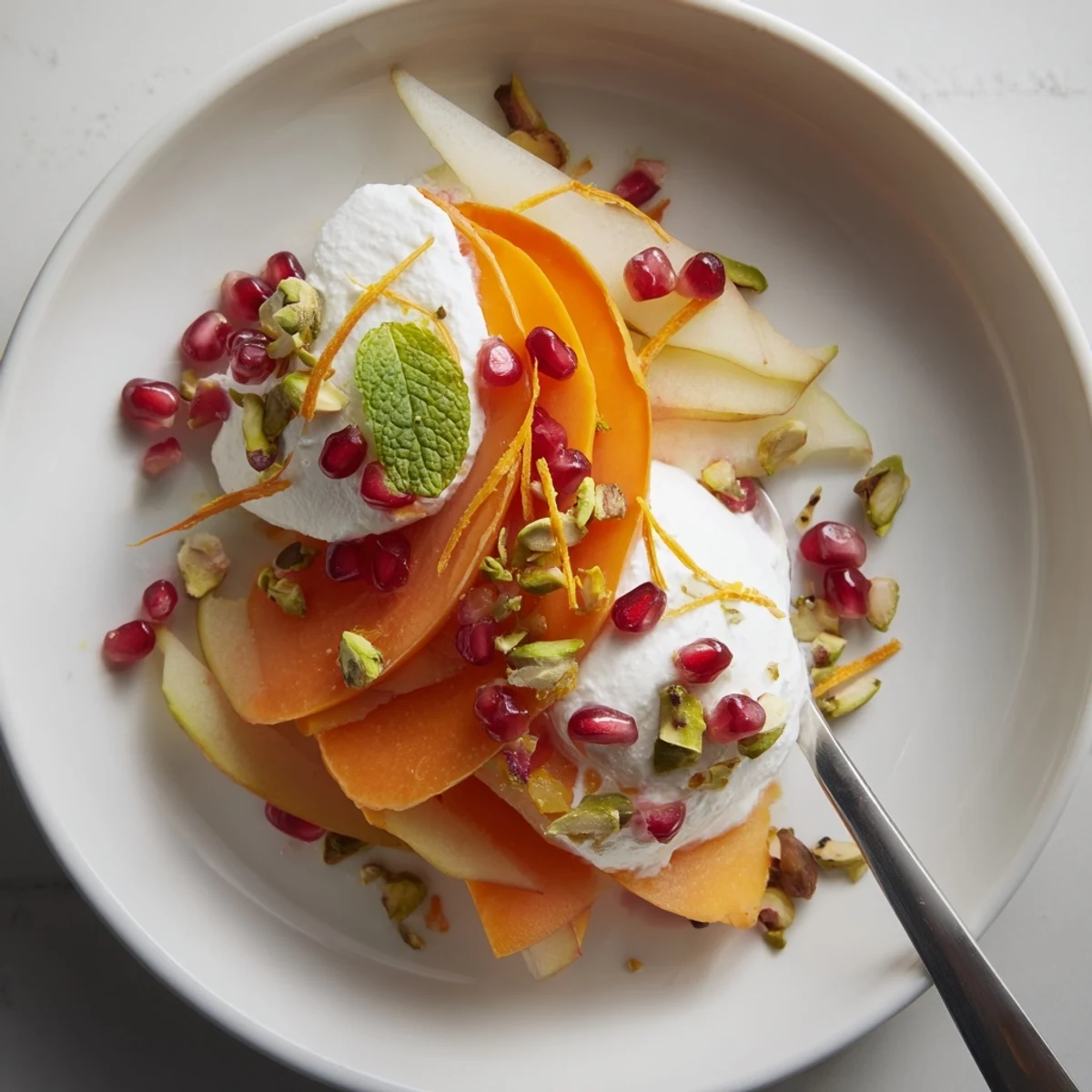 Winter fruit snowscape dessert with layers of persimmons, pears, and creamy mascarpone, ready to enjoy.