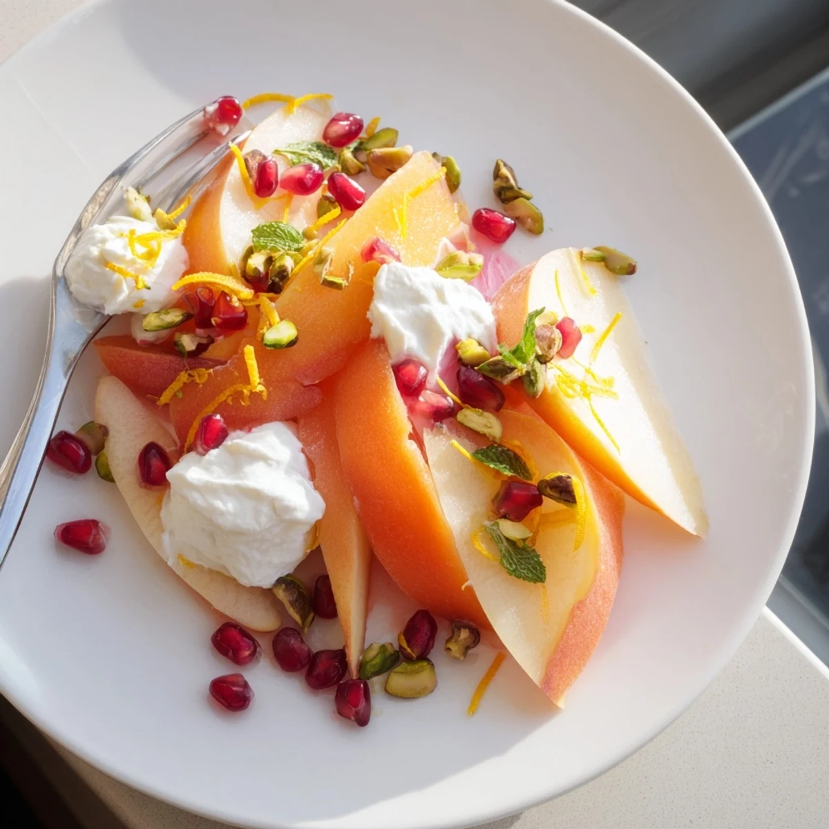 Refreshing Winter Fruit Snowscape: A delightful mix of sliced persimmons, pears, and snowy mascarpone.