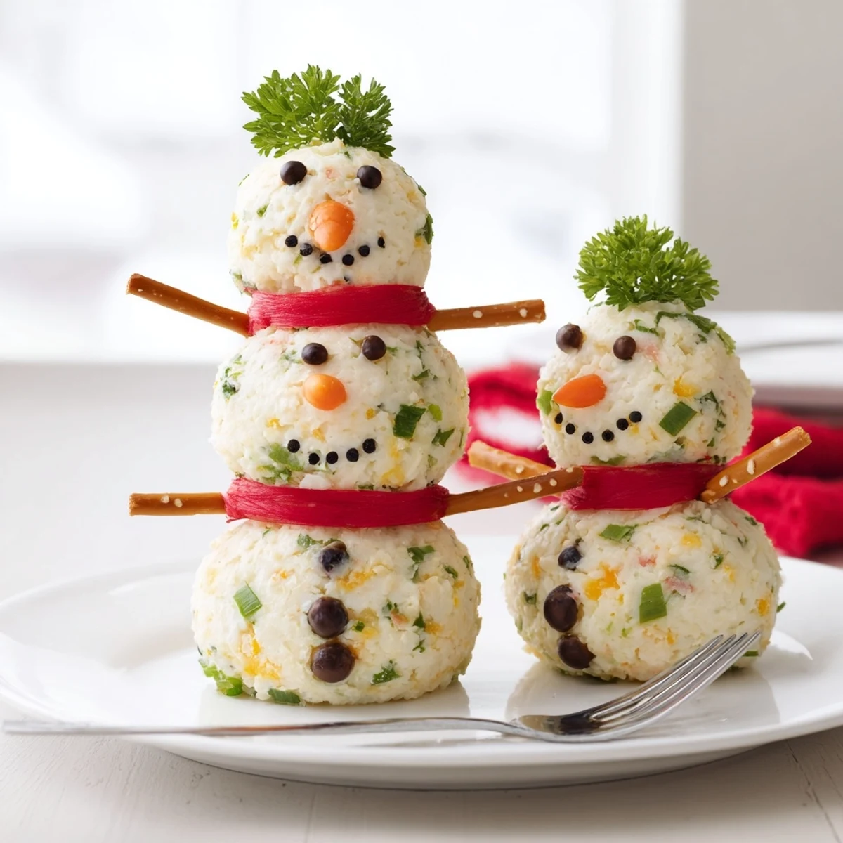Festive Snowman Cheese Ball Trio, a creamy appetizer, adorned with carrot noses and pepper eyes.