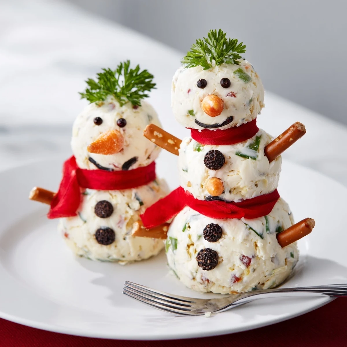 A delightful platter of Snowman Cheese Ball Trio, cold and savory, ready to be enjoyed with crackers.
