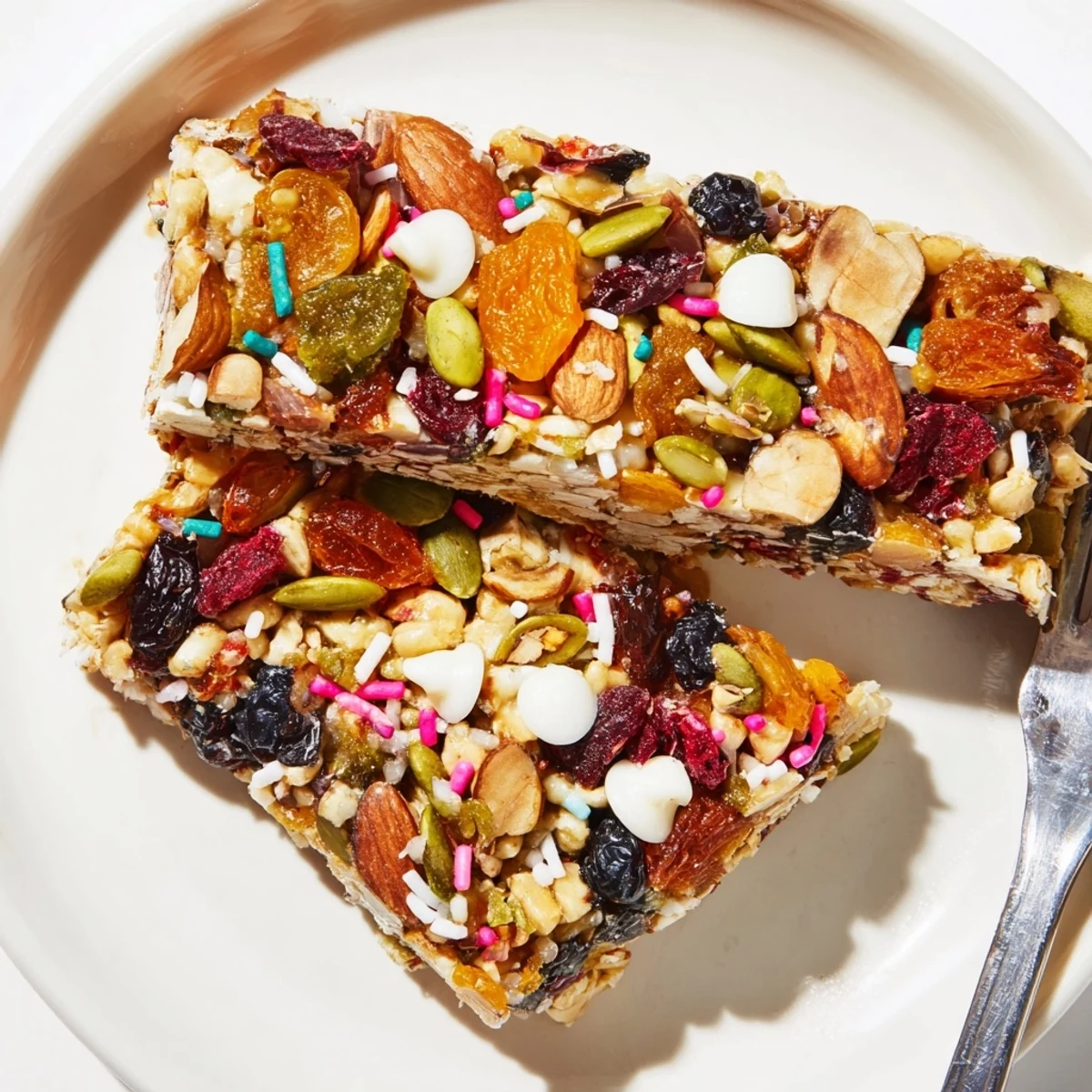 This beautiful image shows a batch of homemade Winter Wonderland Trail Mix Bars, ready to eat and enjoy.