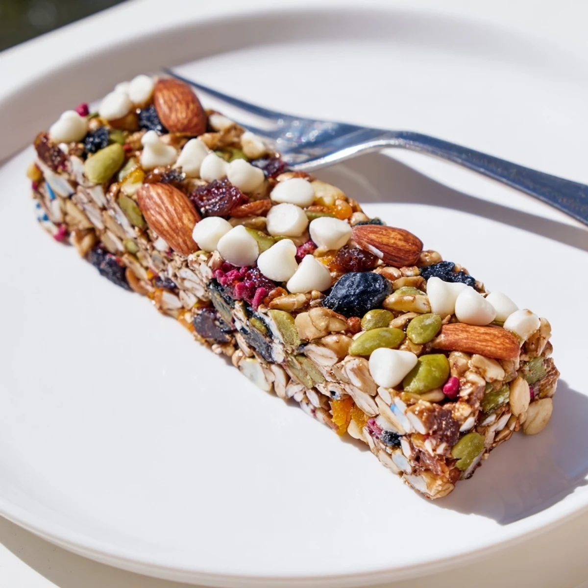 Winter Wonderland Trail Mix Bars, packed with nuts, fruits, and a drizzle of white chocolate, look festive.